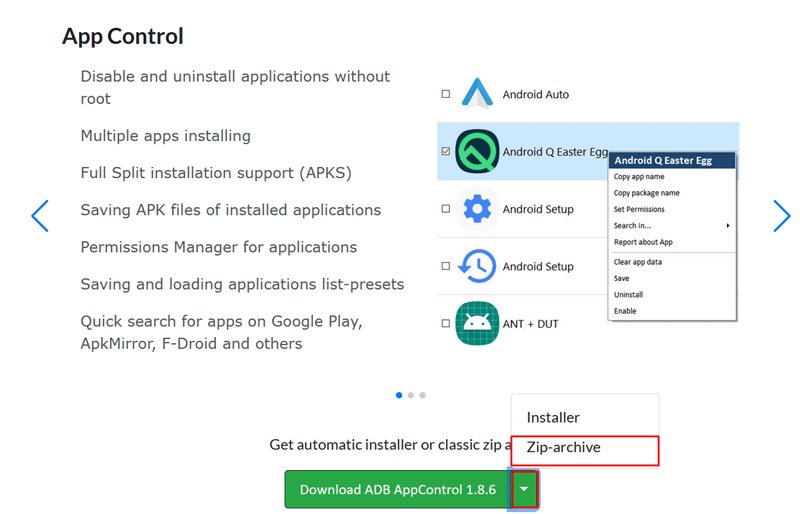 Interfaccia per il download di Adb AppControl